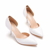 7 Cm White Fine-Heeled Pointed Sandals Hollow Two-Siped Sandals Large-Size Pointed Wedding Shoes Women's Banquet Shoes HZ0115
