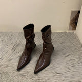 French Temperament High-Heeled Thin Short Boots Women's Shoes 2025 New Brown Autumn And Winter Plus Velvet Tip Boots Small Bare Boots HZ0115