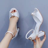 7 Cm Fish Mouth High-Heeled Sandals Shallow Pearl Large-Size Round-Head High Heels Bride Wedding Silk Satin Cloth Coarse Sandals HZ0115