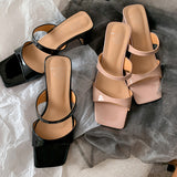 2025 New Square Head With Bare-Colored Sandals Women Summer Coarse Heel Exposed Outside Wearing Cold Slippers Black High Heels HZ0115