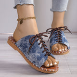 New 2025 Summer Canvas Korean Version Of Women's Cool Drag Flat And Large Sandals Denim Shoes HZ0115