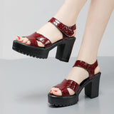 Painted Leather High Heel Waterproof Sandals Women Fashion Crocodile Pattern Walking Shoes Summer Coarse Heel Magic Sticky H Women's Shoes HZ0115
