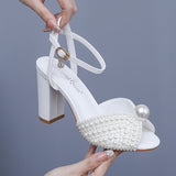 9 Cm Coarse Fish Mouth Sandals Square Sandals White Pearl Wedding Dress Sandals Pearl Wedding Shoes Women HZ0115