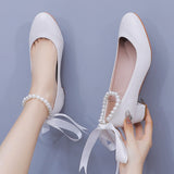 Large-Size 3 Cm Square-Head Single Shoe With A Single Shoe Buckle Mary Jane White Shoes Beads Ribbon Wedding Shoes HZ0115