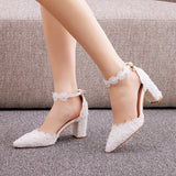 7 Cm White Lace Tip Hollow Women's Shoes Lace Wedding Dress Shoes Spring Coarse Square Root Tips Sandals HZ0115