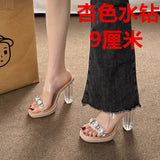 High-Heeled Women Wear 2025 Summer New French Thick Heel Water Drill Transparent Crystal Sandals Women Slippers Women Shoes HZ0115
