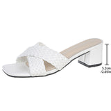 Summer High Heels Women 2025 New Large-Size Weaving Cross With Thick Heel Square Cool Slippers HZ0115