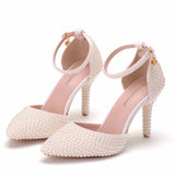 9 Cm White Pearl Tip-Pointed High-Heeled Sandals Fine Heel Size High Heeled Sandals Female Wedding Shoes Banquet HZ0115