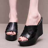 Fashion Outside The Slope And A Word Drag Summer New Pine Cake Thick Bottom Waterproof Table Hollow High And Fish Mouth Mesh Slippers Woman HZ0115