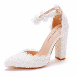7 Cm White Lace Tip Hollow Women's Shoes Lace Wedding Dress Shoes Spring Coarse Square Root Tips Sandals HZ0115