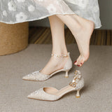 Small Heel Head Sandals Women's Fine Heel French 5- Cm Water Drill Metal Chain One-Character Buckle High Heels HZ0115