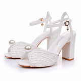 9 Cm Coarse Fish Mouth Sandals Square Sandals White Pearl Wedding Dress Sandals Pearl Wedding Shoes Women HZ0115