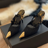 High Heels Black 2025 Spring New Pointed Metal Chain Sandals Women With Sexy Fine Heel Single Shoes HZ0115