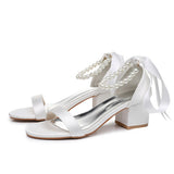 5 Cm Square Heel Sandals Shallow Mouth With Thick Heel Sandals White Beads Drifted Sandals Bride Wedding Sandals HZ0115