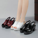 Fish Mouth Patent Leather Crocodile High Heel Sandals Summer White Wedding Shoes Waterproof Table Thick Cheongsam Walking Shoes Coarse Heel Women's Shoes HZ0115