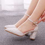 7 Cm Square Thick Heel Sharp In The Hollow Sandals Spring Square Side Light Female Shoes White Lace Net Bride High Heels HZ0115