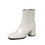 High-Heeled Women's Boots Coarse And Short Boots Side Zipper Patent Leather Solid White Women Boots Martin Boots Large Size Women's Boots HZ0115