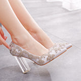 9 Cm Thick Heel Crystal Transparent Square Tip Single Shoe Bridal Silk Satin Cloth Diamond Skirt Wedding Shoes HZ0115