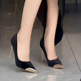 Black High-Heeled Women 2025 Spring And Autumn New Metal Tip Fine And Light Mouthed Velvet French Temperament Sexy Single Shoes HZ0115