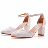 7 Cm Square Thick Heel Sharp In The Hollow Sandals Spring Square Side Light Female Shoes White Lace Net Bride High Heels HZ0115