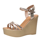 Golden Super High Slope And 12Cm Fashion Cross With Small Size Women's Shoes One-Word Thick-Bottomed Waterproof Toe Women's Sandals HZ0115