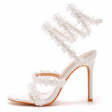 Fish Mouth Tied High Heel Sandals White Flowers Sandals Women's Banquet Wedding Dress Bridal Shoes Princess Sandals HZ0115