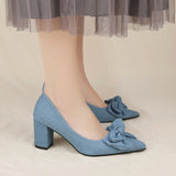 Denim High Heels Ladies Fashion Single Shoes Coarse Heel Small Fragrant Wind New Bow Large Size Shoes 35-42 HZ0115