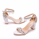 7 Cm Thick Heel Shallow Mouth With Beaded Sandals Square Sandals White Water Drill So Bridal Wedding Shoes Summer HZ0115