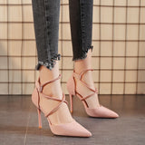 Sexy Pointed High Heels 2025 Spring New Fashion Cross-Lace Single Shoe Velvet Fine Heel Women's Shoes HZ0115