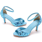 7 Cm Fish Mouth High Heel Sandals Shallow Mouth With Large-Size Round-Head High Heels Golden Water Drill Fine Sandals HZ0115