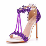 Sandals White Buckle Shoes Fine Heel Fish Mouth Roman Exposed Toe Sandals 11 Cm Beaded High-Heeled Sandals HZ0115