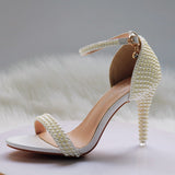 High Heel Sandals White Buckle Shoes Fine Heel Fish Mouth Roman Sandals White Pearl Sandals HZ0115