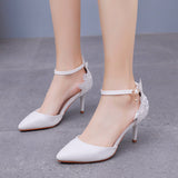 White Lace Flower Wedding Shoes One-Word Wristband Bridal Shoes Fine Heel Sharp Wedding Shoes Women Sandals Car Show Shoes HZ0115