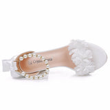 9 Cm White Flowers Thick Heel Sandals Shallow Word With Square Fish Mouth Sandals White Beads Drifted Sandals HZ0115