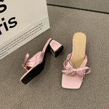 French High-End Silk And Satin Bow Coarse And Cool Slippers Women Wear 2025 New Summer Dew High-Heeled Shoes HZ0115