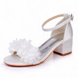 5 Cm Square Heel Sandals Light Mouth A Word With Coarse Heel Sandals White Flowers Color Lactin Ribbon Bridal Wedding Sandals HZ0115