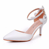 White Lace Flower Wedding Shoes One-Word Wristband Bridal Shoes Fine Heel Sharp Wedding Shoes Women Sandals Car Show Shoes HZ0115
