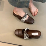 Vintage New Stroke Square Head Height Half Dragged Mary Jane Shoes Female Commuting Outside Wearing Bag Head Shoes HZ0115