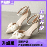 Sharp-Headed Bridesmaid Shoes Summer 2025 New Famous Temperament High Heels Fine Heel Sweet Bow Bow Head Sandals Woman HZ0115