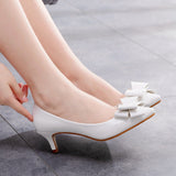 Bride Wedding Dress Tip Single Shoe Fine Heel Single Shoe Bow Tip Shoes Large White Wedding Shoes Low Heel HZ0115