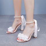 9 Cm White Flowers Thick Heel Sandals Shallow Word With Square Fish Mouth Sandals White Beads Drifted Sandals HZ0115