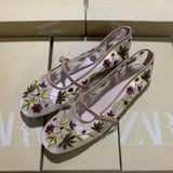 Fashion Flowers Embroidery Net Eye Ballet Flat Shoes Retro Word With Mary Jane Single Shoes National Style Net Shoes Apricot HZ0115