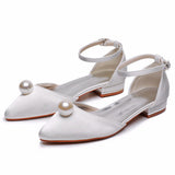 2 Cm Ball Beads Flat And Casual Tip Hollow Sandals Low Heel Light-Mouthed Satin Cloth Buckle The Bride's Wedding Shoes HZ0115