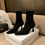 South Korea Pointed High And Short Boots Women Autumn And Winter 2025 New Zipper Velvet Fine And Bare Boots Elastic Thin Boots Socks Boots HZ0115