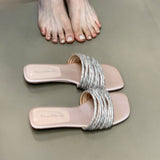 Fashion One-Word Slippers Women Summer Outside Wearing Lazy Water Drill With Low-Heeled Toe Cool Drag High Sense HZ0115