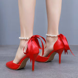 9 Cm Red Fine Heel Finger Beads Tied With Sandals Bride Wedding Dress Dress Long Dress Shoes Large Wedding Shoes HZ0115