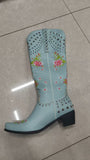 2025 Flowers Blue Coarse And Winter Tip Side Zipper Round Head Female High-Trace Fashion Boots HZ0115