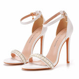 11 Cm High-Heeled Sandals Pearl White Buckle Shoes Fine Heel Fish Mouth Roman Sandals White Wedding Shoes HZ0115