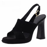 Coarse-Heeled Lady Temperament Sandals 2025 Summer New High-Heeled Frosted Leather Waterproof Toe Black Sandals Women's Shoes HZ0115