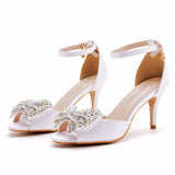 7 Cm Water Drill Bow Bow Fish Mouth High Heel Sandals Silk Satin Cloth Shallow Buckle With Large-Size Round Head High Heels HZ0115